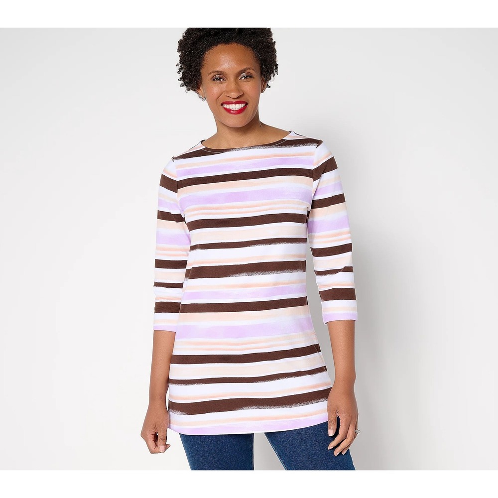 Denim & Co. Regular Perfect Jersey Watercolor Striped Tunic Top Coffee Multi XL